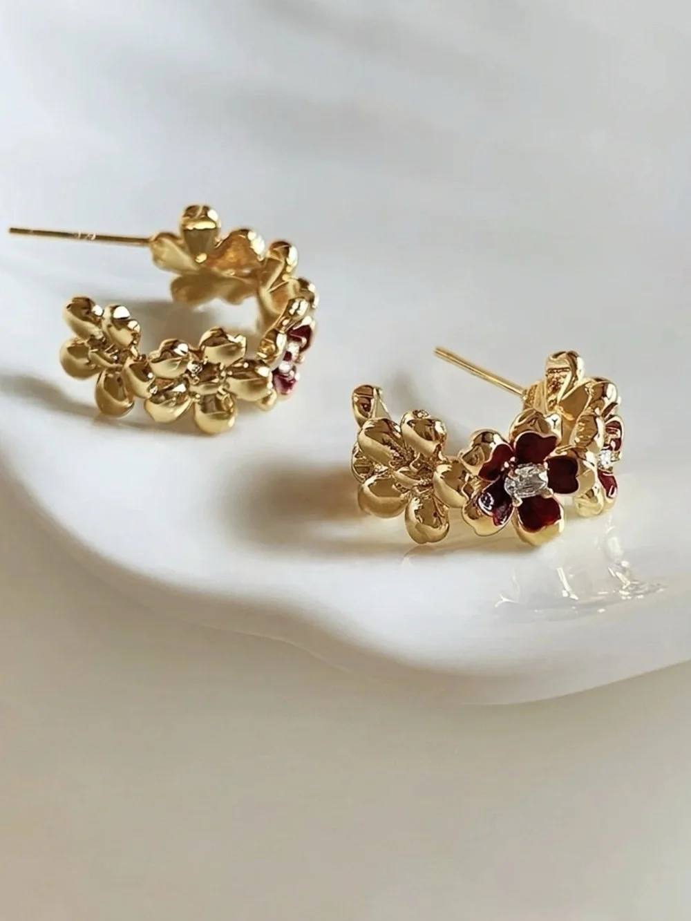 NEW Niche Design Red Floral Hoop Earrings - S925 Sterling Silver Posts